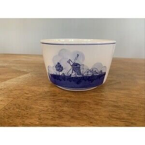 Vintage Delft Blue Windmill Sailboat White Bowl Planter 5”W Holland Dutch Taiwan